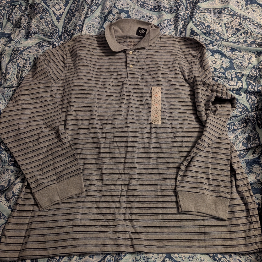 Gray Long-Sleeve Polo Shirt with Stripes